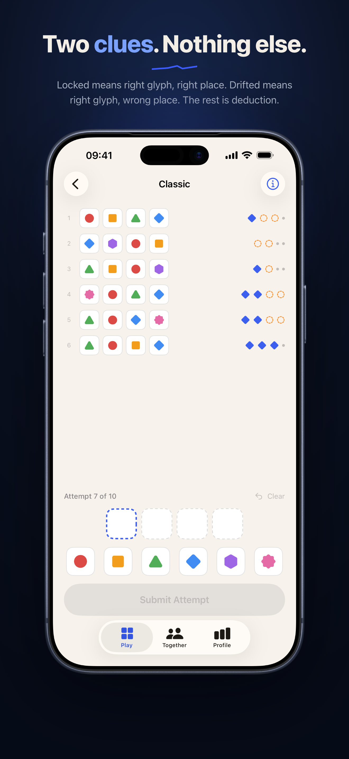 A Crack board mid-game, six attempts in, showing Locked and Drifted feedback