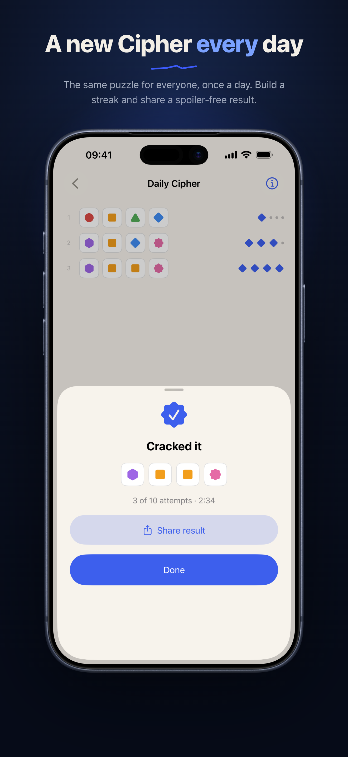 A solved Daily Cipher with the result card and share button