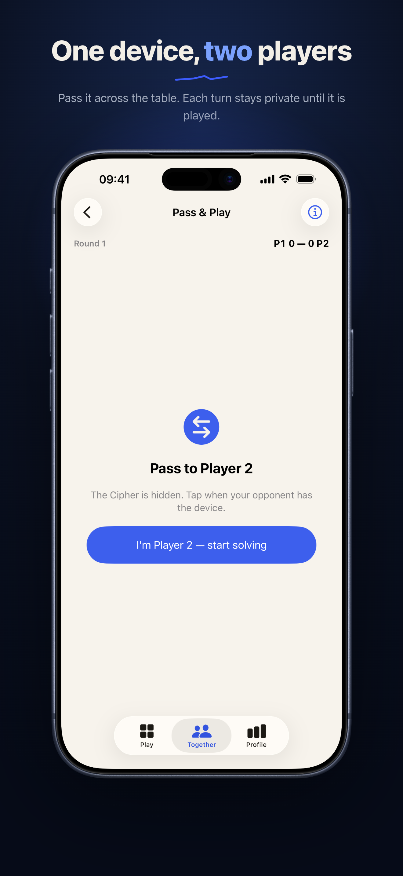 The Pass and Play hand-over screen keeping the cipher private